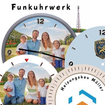 Auswahl an Wanduhren mit Funkuhrwerk von Eichmüller zum Selbstgestalten mit verschiedenen Zifferblattvarianten