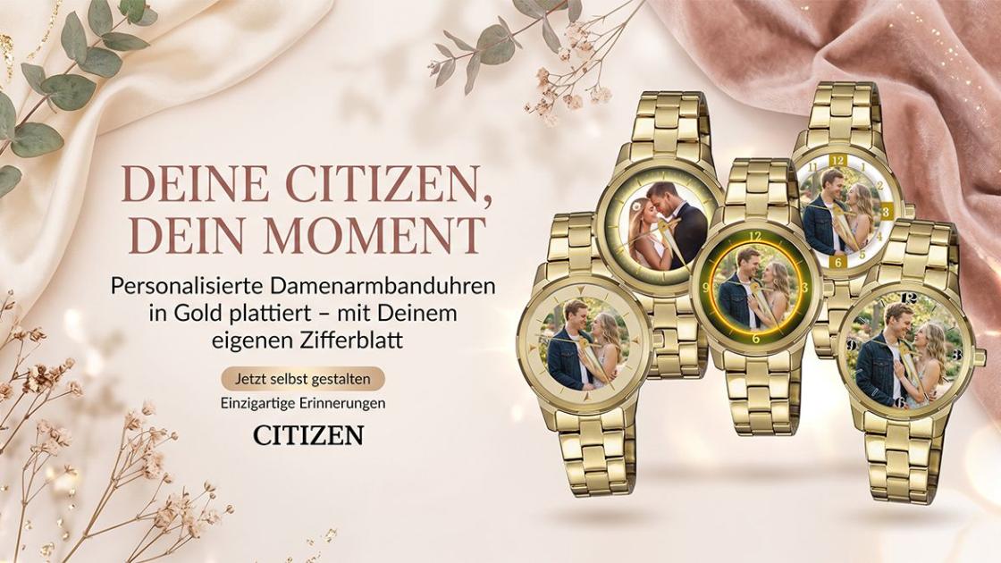Logo der personalisierten Damenarmbanduhr Citizen in Gold plattiert