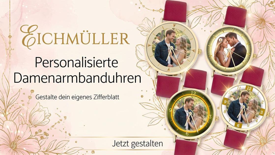 Logo der personalisierten Damenarmbanduhr Eichmüller mit rotem Lederarmband