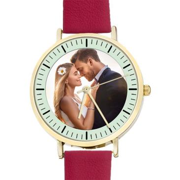 personalisierte Armbanduhr für Damen - Eichmüller Damenarmbanduhr mit rotem Lederarmband  Zifferblattvariante 02