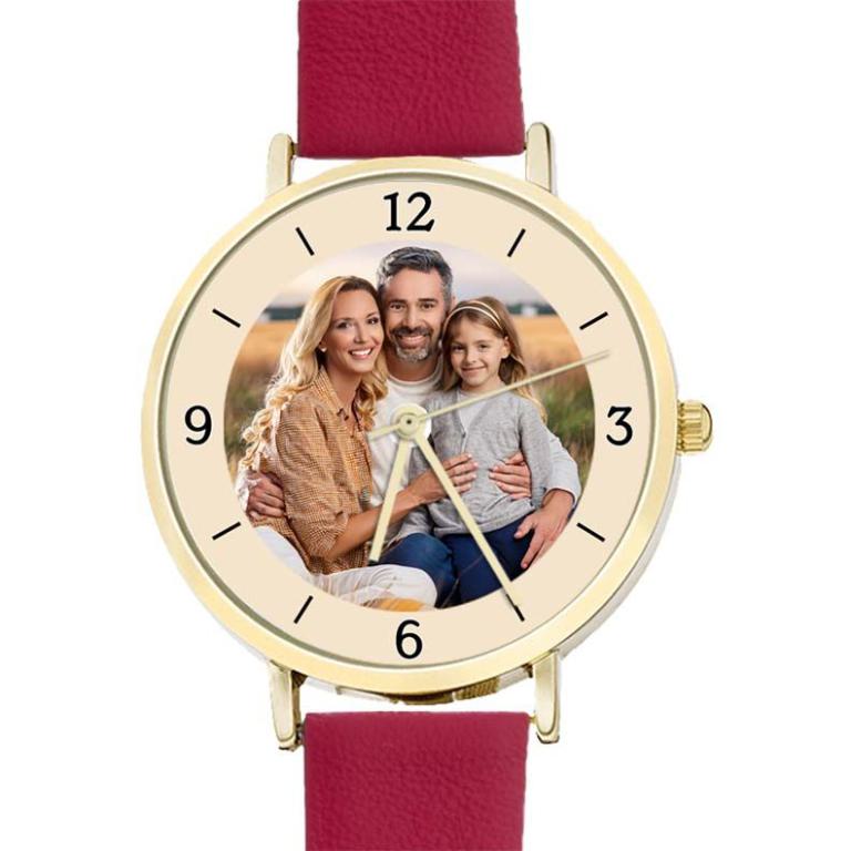 personalisierte Armbanduhr für Damen - Eichmüller Damenarmbanduhr mit rotem Lederarmband  Zifferblattvariante 03