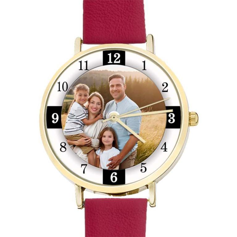 personalisierte Armbanduhr für Damen - Eichmüller Damenarmbanduhr mit rotem Lederarmband  Zifferblattvariante 04