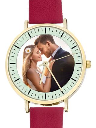 personalisierte Armbanduhr für Damen - Eichmüller Damenarmbanduhr mit rotem Lederarmband Zifferblattvariante 02